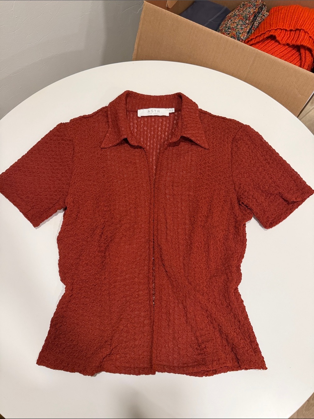 ASTR Short-Sleeve Textured Button-Down in Rust